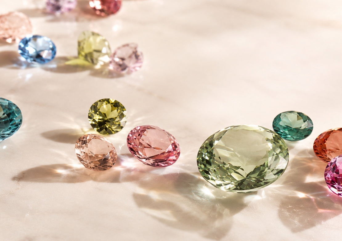 Faceted gemstones in pink, blue, green and yellow tones arranged on a pale surface, casting reflections and soft shadows.