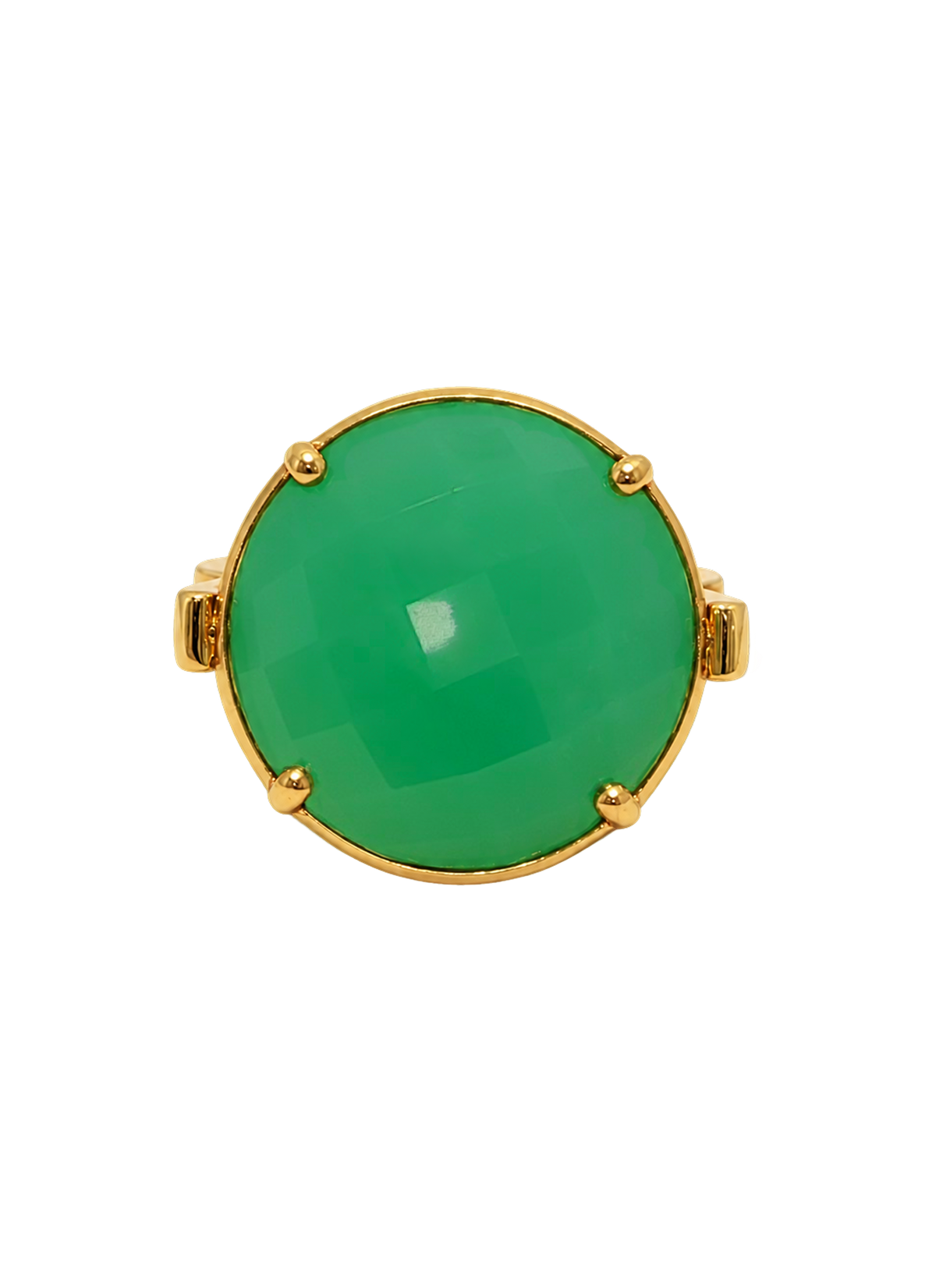 Colette Falchet DuoUno Chakra Collection, Heart Chakra reversible signet ring in 18k yellow gold, showing the golden Heart Chakra seal over green chrysoprase.