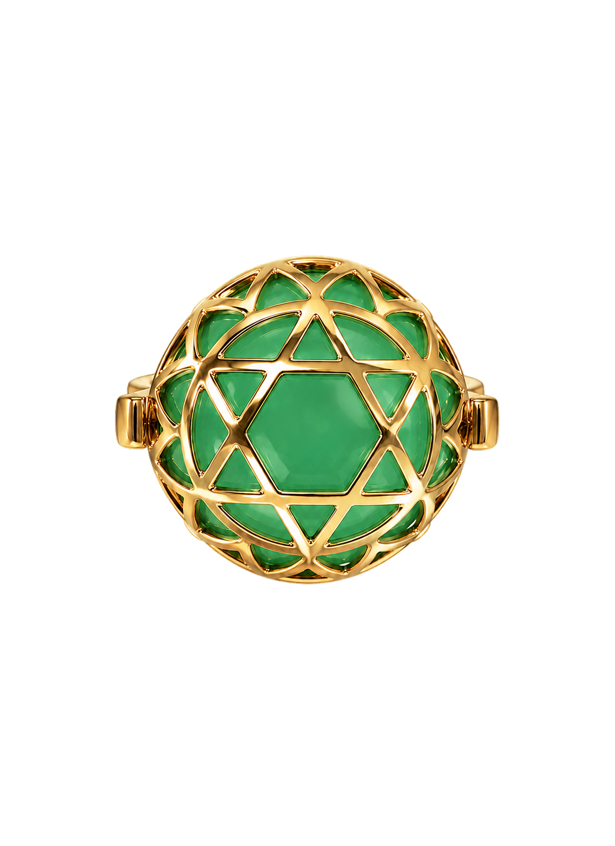 Colette Falchet DuoUno Chakra Collection, Heart Chakra reversible signet ring in 18k yellow gold, showing the golden Heart Chakra seal over green chrysoprase.