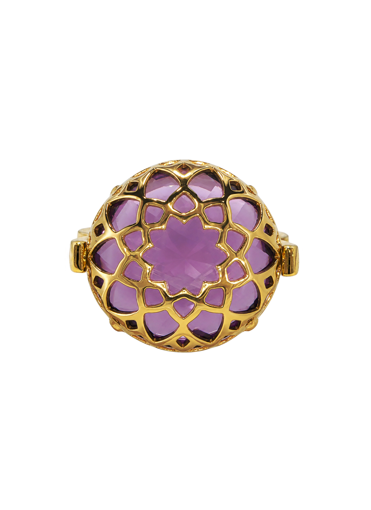 Colette Falchet DuoUno Chakra Collection, Crown Chakra ,reversible signet ring in 18k yellow gold, showing the golden lotus seal over purple amethyst.