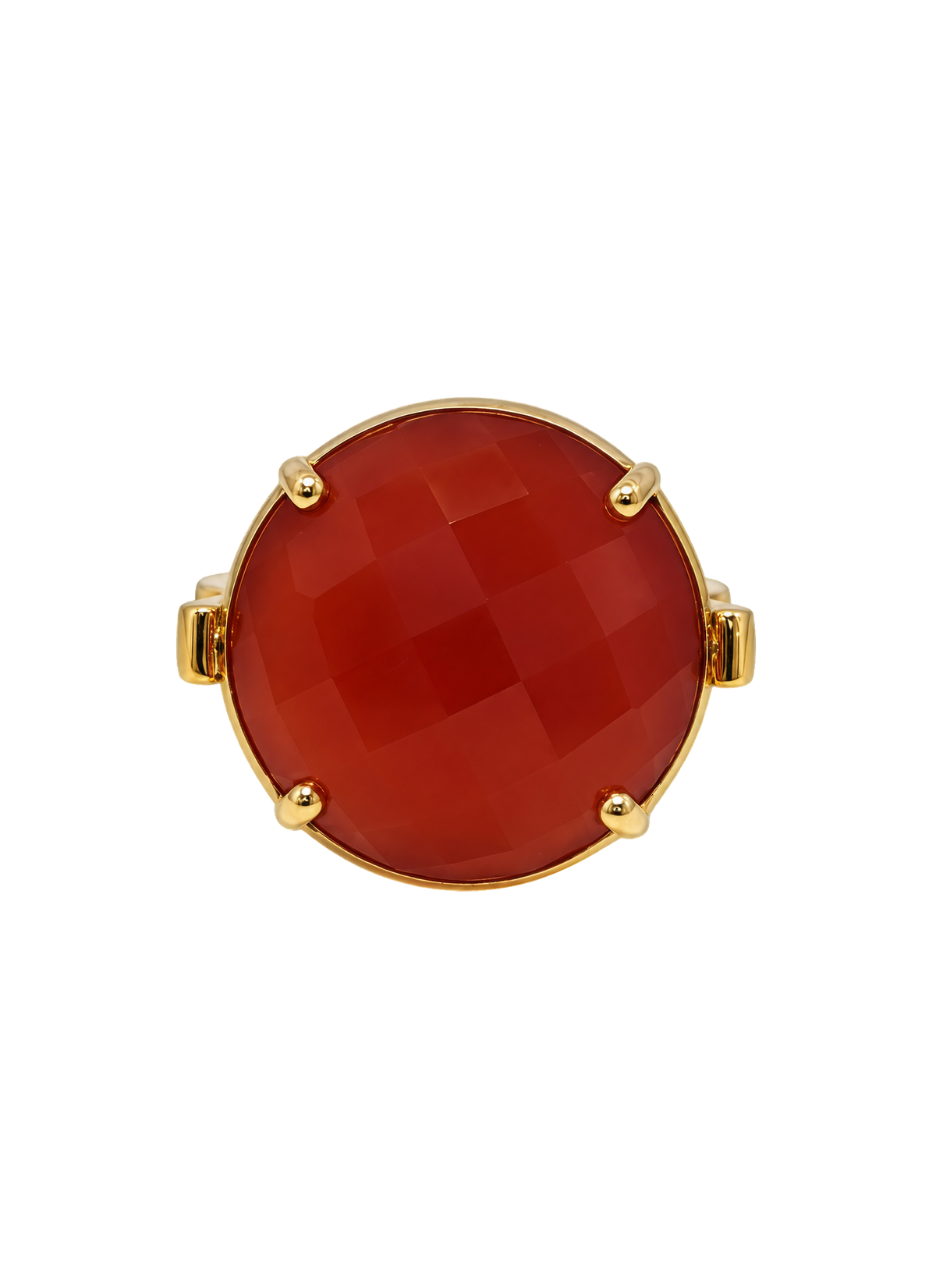 Colette Falchet DuoUno Chakra Collection, Root Chakra reversible signet ring in 18k yellow gold, showing the golden Root Chakra seal over red carnelian.