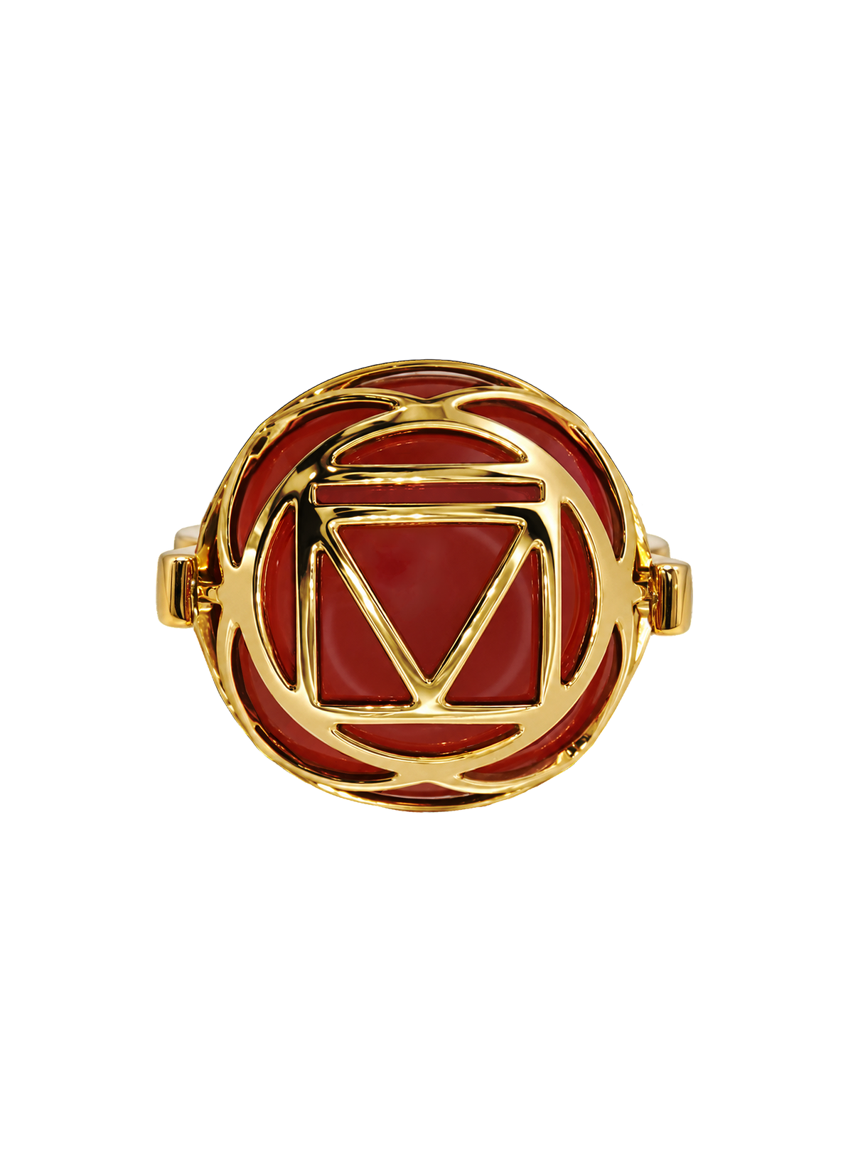 Colette Falchet DuoUno Chakra Collection, Root Chakra reversible signet ring in 18k yellow gold, showing the golden Root Chakra seal over red carnelian.