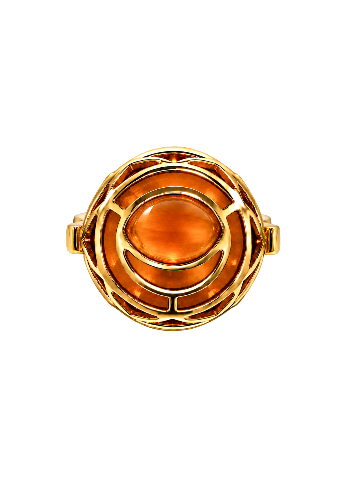 Colette Falchet DuoUno Chakra Collection, Sacral Chakra reversible signet ring in 18k yellow gold, showing the golden Sacral Chakra seal over orange Palmeira citrine.