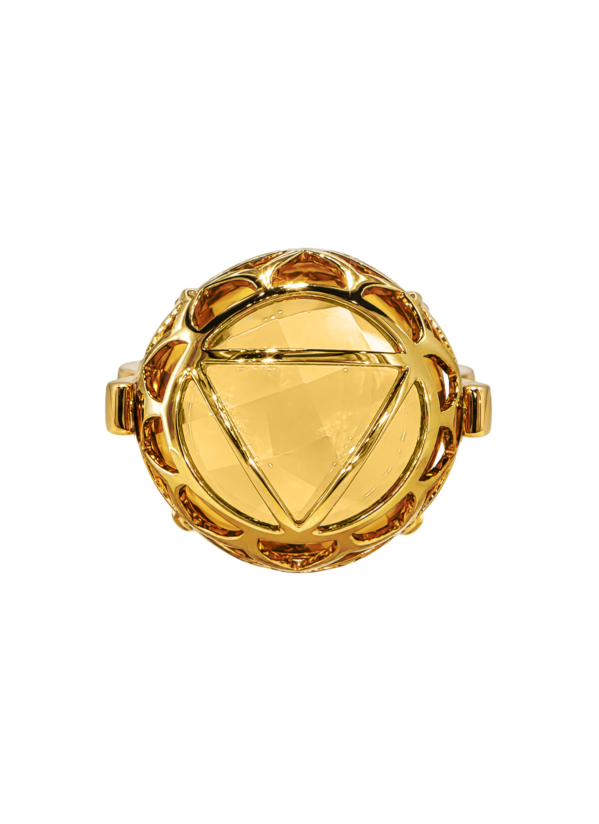Colette Falchet DuoUno Chakra Collection, Solar Plexus Chakra reversible signet ring in 18k yellow gold, showing the golden Solar Plexus Chakra seal over yellow citrine.