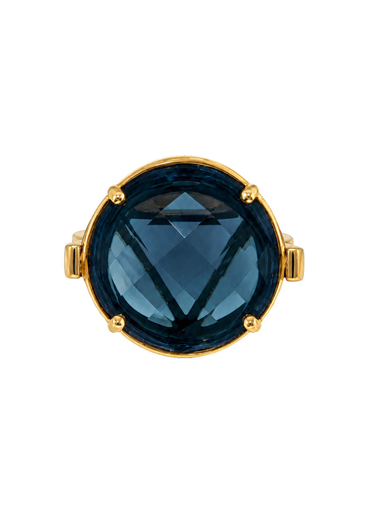 Colette Falchet DuoUno Chakra Collection, Third Eye Chakra reversible signet ring in 18k yellow gold, showing the golden Third Eye Chakra seal over London blue topaz.