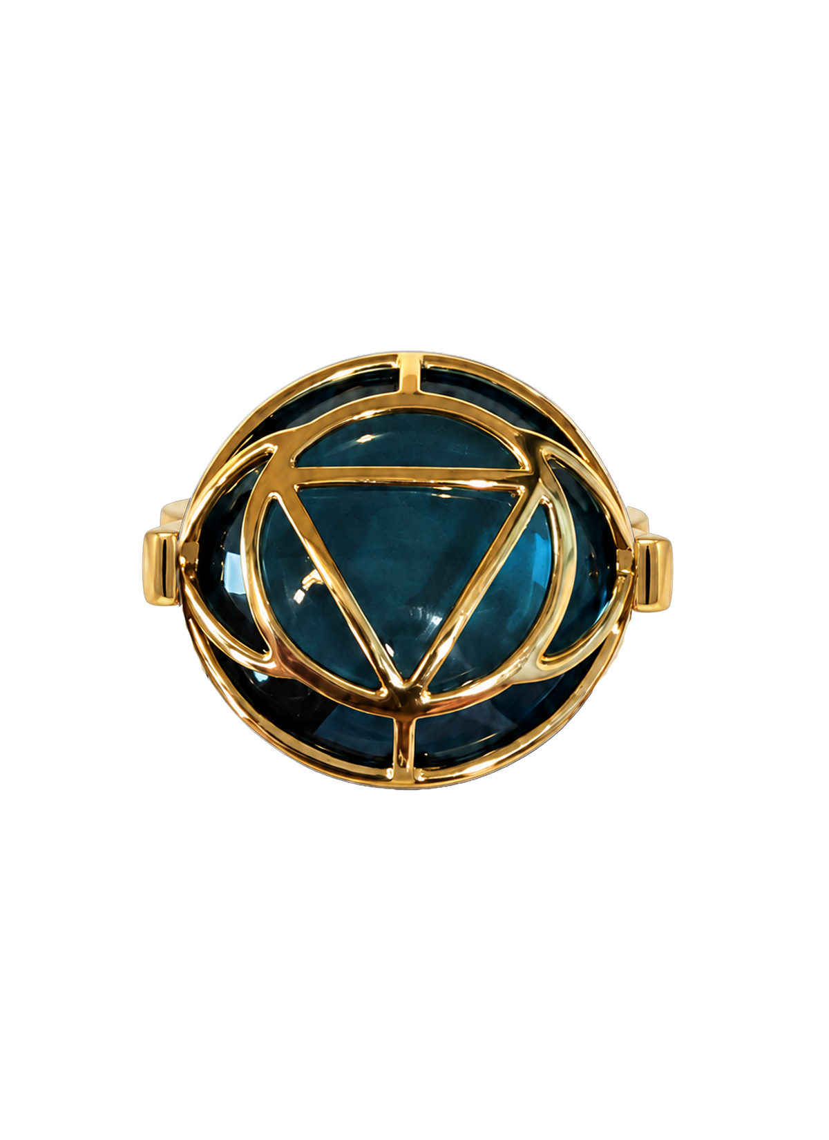 Colette Falchet DuoUno Chakra Collection, Third Eye Chakra reversible signet ring in 18k yellow gold, showing the golden Third Eye Chakra seal over London blue topaz.