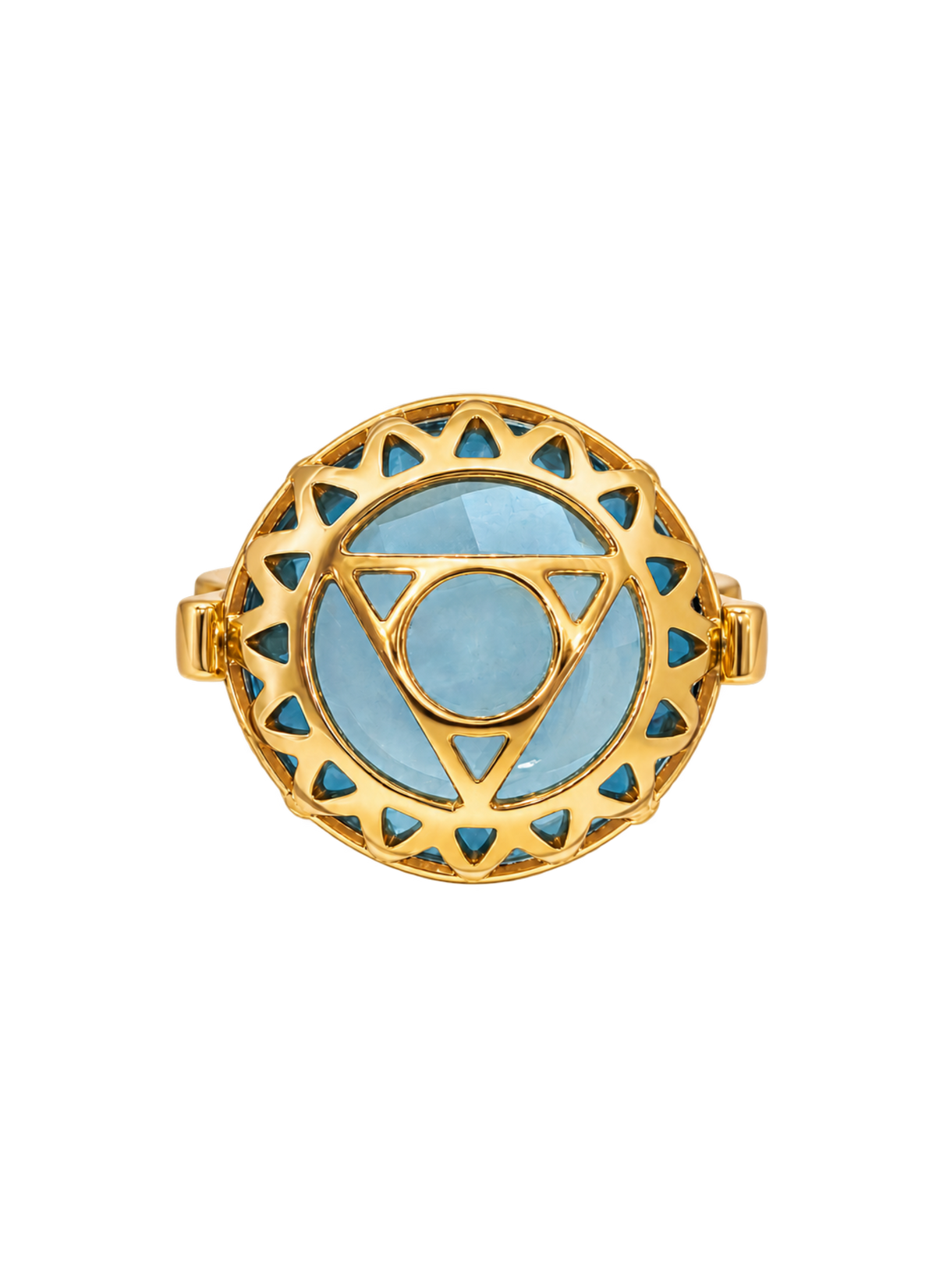 Colette Falchet DuoUno Chakra Collection, Throat Chakra reversible signet ring in 18k yellow gold, showing the golden Throat Chakra seal over light blue topaz.